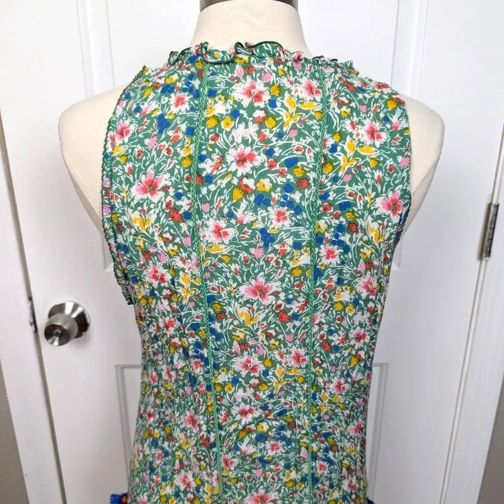 Poupette St Barth | Green Floral Sleeveless Keyhole Mini Dress Tassel Size Mediu
